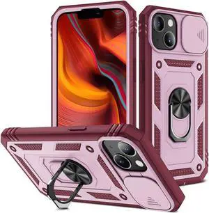 Military Grade Certified Ring Grip Case with Camera Lens Cover for iPhone 14 - Pink Burgundy