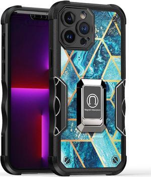 Military Grade Shockproof Hybrid Armor Case with Ring Grip for iPhone 14 - Marble Blue