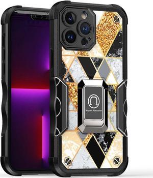 Military Grade Shockproof Hybrid Armor Case with Ring Grip for iPhone 14 - Marble Gold