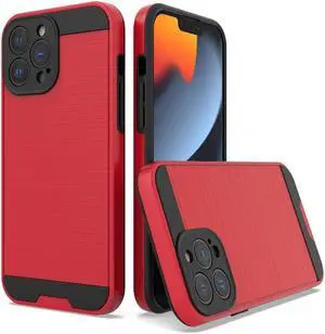 Brushed Metal Textured Hybrid Armor Case for iPhone 14 Pro - Red