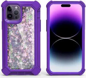 Military Grade Quicksand Glitter Waterfall Hybrid Case for iPhone 14 Pro - Purple