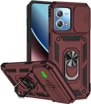 Military Grade Hybrid Case with Ring Grip and Camera Lens Protector for Motorola Moto G Stylus 5G 2023 - Burgundy