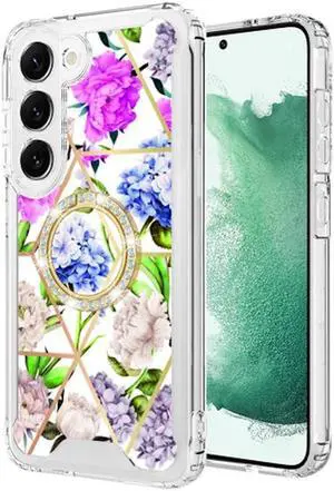 Shockproof Tough Snap-on Case with Ring Grip for Samsung Galaxy S23 Plus - Flower