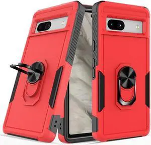 Military Grade TUFF Hybrid Armor Case with Ring Grip for Google Pixel 7a - Red