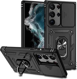 Military Grade Hybrid Case with Ring Grip and Camera Lens Protector for Samsung Galaxy S23 Ultra - Black
