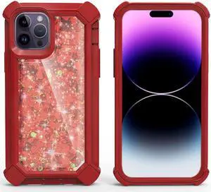 Military Grade Quicksand Glitter Waterfall Hybrid Case for iPhone 14 Plus - Red