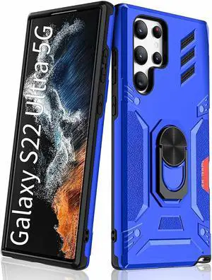 Tough Ring Holder Case with Card Slot for Samsung Galaxy S22 Ultra 5G - Blue