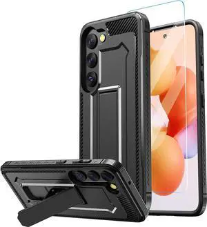 Rugged Hybrid Case with Kickstand and Tempered Glass Screen Protector for Samsung Galaxy S23 - Black