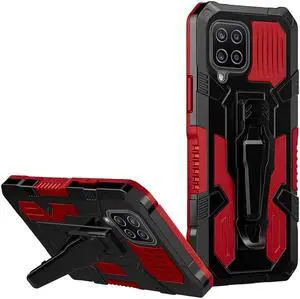 MilitaryStyle Hybrid Armor Case with Integrated Belt Clip and Kickstand for Samsung Galaxy A12  Red
