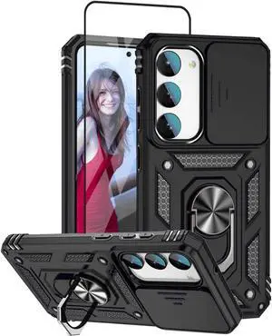 Military Grade Hybrid Case with Ring Grip and Camera Lens Protector + Tempered Glass Screen Protector for Samsung Galaxy S23 Plus - Black