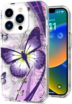 Butterfly Series Dual Layer Transparent Hybrid Case for iPhone 14 Pro - Purple Pink