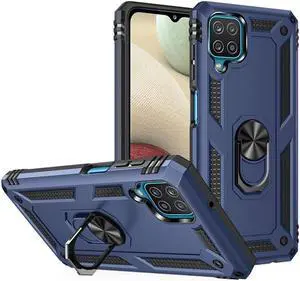 Finger Loop Armor Hybrid Case with 360° Rotating Ring Holder Kickstand for Samsung Galaxy A12 - Navy Blue