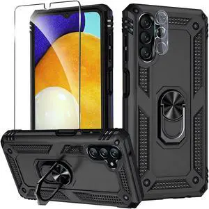 3-IN-1 Bundle Military Grade Hybrid Case with Ring Grip + Tempered Glass Screen and Camera Lens Protector for Samsung Galaxy A14 5G - Black