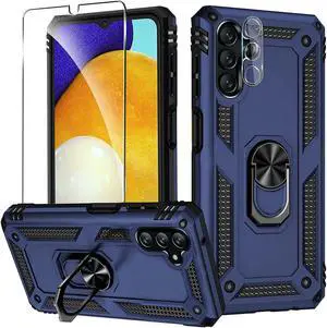 3-IN-1 Bundle Military Grade Hybrid Case with Ring Grip + Tempered Glass Screen and Camera Lens Protector for Samsung Galaxy A14 5G - Blue