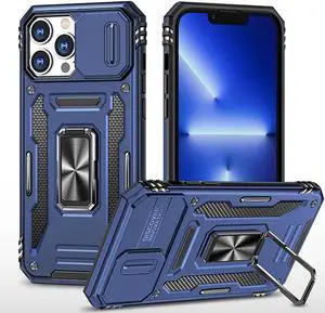 Military Grade Ring Holder Case with Camera Lens Cover for iPhone 14 Pro - Blue