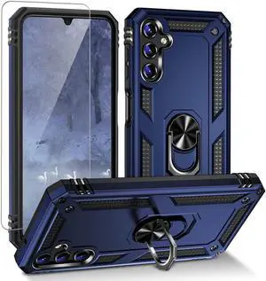 Military Grade Hybrid Case with Ring Grip and Tempered Glass Screen Protector for Samsung Galaxy A14 5G - Blue