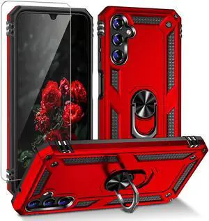 Military Grade Hybrid Case with Ring Grip and Tempered Glass Screen Protector for Samsung Galaxy A14 5G - Red