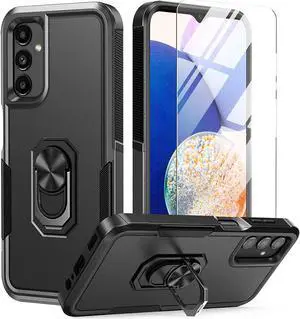 Military Grade TUFF Shockproof Hybrid Armor Case with Ring Grip and Tempered Glass Screen Protector for Samsung Galaxy A14 5G - Black
