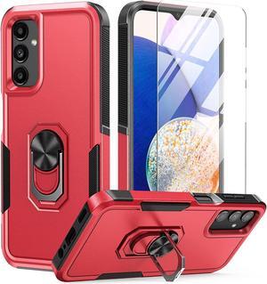 Military Grade TUFF Shockproof Hybrid Armor Case with Ring Grip and Tempered Glass Screen Protector for Samsung Galaxy A14 5G - Red