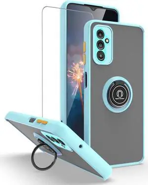 Transparent Hybrid Case with Ring Grip and Tempered Glass Screen Protector for Samsung Galaxy A14 5G - Baby Blue