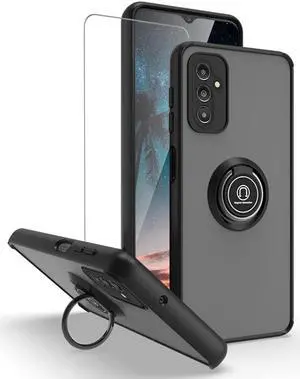 Transparent Hybrid Case with Ring Grip and Tempered Glass Screen Protector for Samsung Galaxy A14 5G - Black