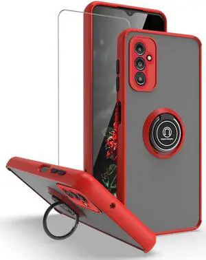 Transparent Hybrid Case with Ring Grip and Tempered Glass Screen Protector for Samsung Galaxy A14 5G - Red