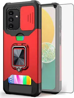 Military Grade All-In-One Ring Stand Card Case and Tempered Glass Screen Protector for Samsung Galaxy A14 5G - Red