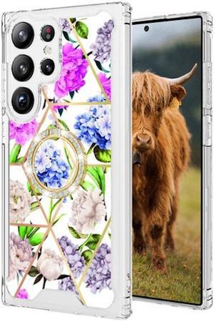 Shockproof Tough Snap-on Case with Ring Grip for Samsung Galaxy S23 Ultra - Flower