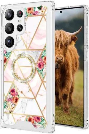 Shockproof Tough Snap-on Case with Ring Grip for Samsung Galaxy S23 Ultra - Marble Pink