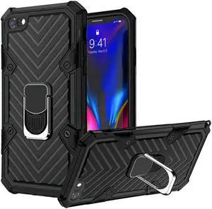 Military-Style Hybrid Armor Case with Ring Holder for iPhone SE (3rd gen & 2nd gen) and iPhone 8/7 - Black