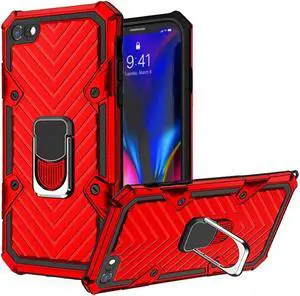 Military-Style Hybrid Armor Case with Ring Holder for iPhone SE (3rd gen & 2nd gen) and iPhone 8/7 - Red