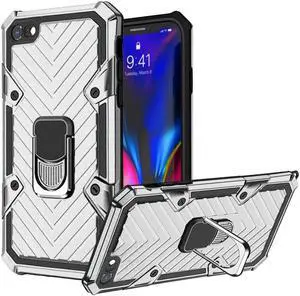 Military-Style Hybrid Armor Case with Ring Holder for iPhone SE (3rd gen & 2nd gen) and iPhone 8/7 - Silver