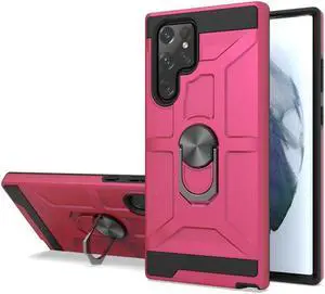 Dynamic Dual Layer Hybrid Case with Ring Holder for Samsung Galaxy S22 Ultra 5G - Hot Pink