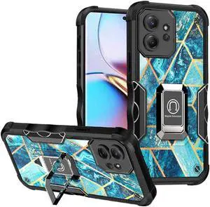 Military Grade Shockproof Hybrid Armor Case with Ring Grip for Motorola Edge+ 2023 - Marble Blue