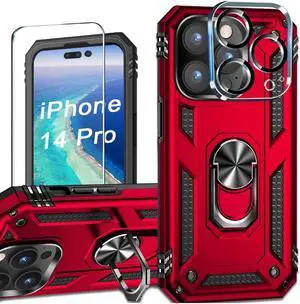 Military Grade Finger Loop Case with 360° Rotating Ring Grip Kickstand + Tempered Glass Screen and Camera Lens Protector for iPhone 14 Pro - Red