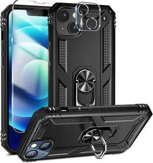 Military Grade Finger Loop Case with 360° Rotating Ring Grip Kickstand + Tempered Glass Screen and Camera Lens Protector for iPhone 14 - Black