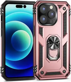 Military Grade Finger Loop Case with 360° Rotating Ring Grip Kickstand for iPhone 14 Pro - Rose Gold