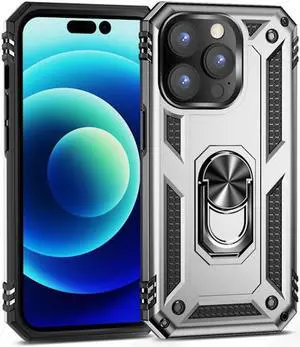 Military Grade Finger Loop Case with 360° Rotating Ring Grip Kickstand for iPhone 14 Pro - Silver