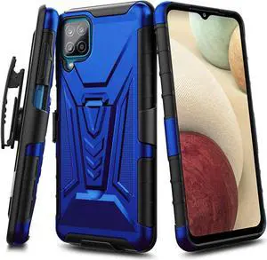 3-IN-1 Advanced Armor Hybrid Case with Belt Clip Holster for Samsung Galaxy A12 - Blue