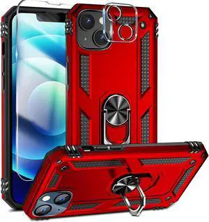 Military Grade Finger Loop Case with 360° Rotating Ring Grip Kickstand + Tempered Glass Screen and Camera Lens Protector for iPhone 14 - Red