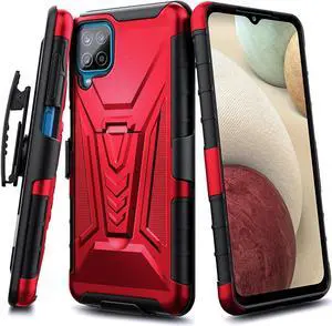 3-IN-1 Advanced Armor Hybrid Case with Belt Clip Holster for Samsung Galaxy A12 - Red