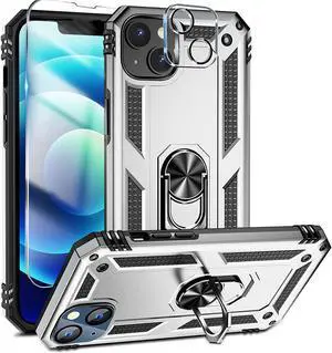 Military Grade Finger Loop Case with 360° Rotating Ring Grip Kickstand + Tempered Glass Screen and Camera Lens Protector for iPhone 14 - Silver