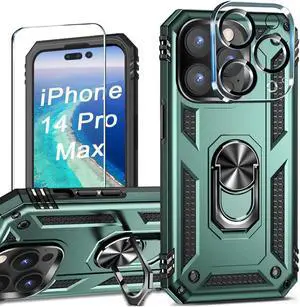 Military Grade Finger Loop Case with 360° Rotating Ring Grip Kickstand + Tempered Glass Screen and Camera Lens Protector for iPhone 14 Pro Max - Green