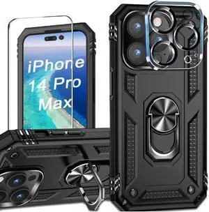 Military Grade Finger Loop Case with 360° Rotating Ring Grip Kickstand + Tempered Glass Screen and Camera Lens Protector for iPhone 14 Pro Max - Black