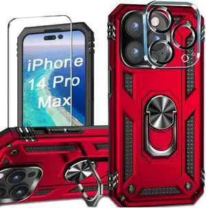 Military Grade Finger Loop Case with 360° Rotating Ring Grip Kickstand + Tempered Glass Screen and Camera Lens Protector for iPhone 14 Pro Max - Red