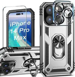 Military Grade Finger Loop Case with 360° Rotating Ring Grip Kickstand + Tempered Glass Screen and Camera Lens Protector for iPhone 14 Pro Max - Silver