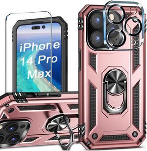 Military Grade Finger Loop Case with 360° Rotating Ring Grip Kickstand + Tempered Glass Screen and Camera Lens Protector for iPhone 14 Pro Max - Rose Gold
