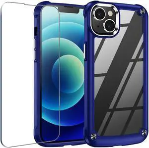 Tough Shield Snap-on Transparent Case and Tempered Glass Screen Protector for iPhone 14 Plus - Navy Blue