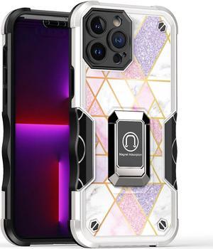 Military Grade Shockproof Hybrid Armor Case with Ring Grip for iPhone 14 Pro - Marble Pink