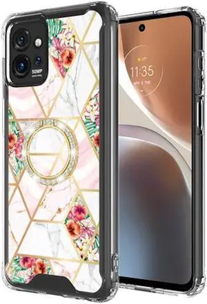 Shockproof Fusion Shield Tough Snap-on Case with Ring Grip for Motorola Moto G Power 5G 2023 - Marble Pink